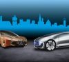 Fahrzeugstudien von BMW und Daimler vor einem Stadt-Relief