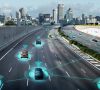 Simulation einer Autobahn im Stadtgebiet, sechs-spurig je Richtung, alle Autos bilden ein Netzwerk